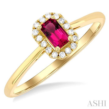 5x3 MM Octagonal Shape Pink Tourmaline and 1/20 Ctw Single Cut Diamond Halo Semi-Precious Ring in 10K Yellow Gold